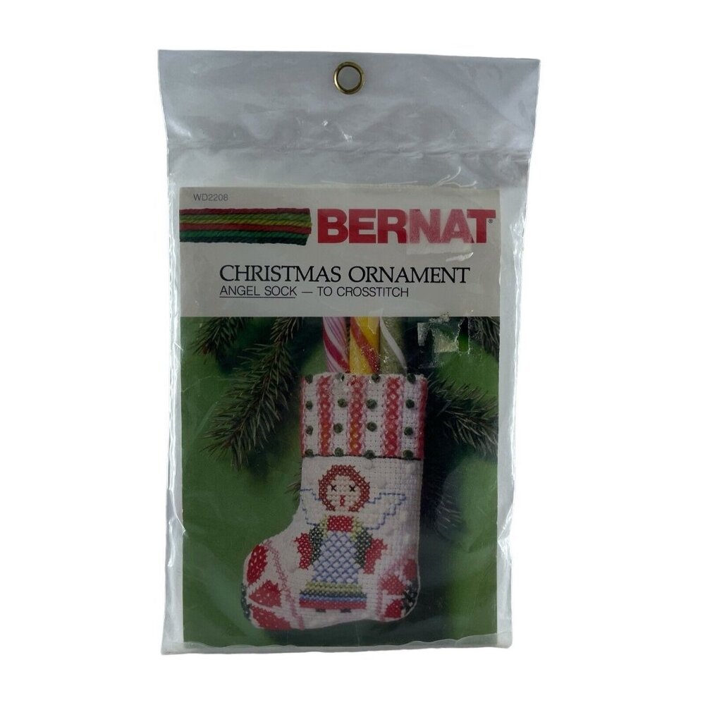Vintage Bernat‎ Cross Stitch Christmas Ornament Angel Stocking 1982 W02208 3"x4"
